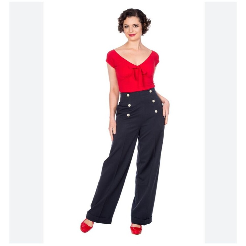 Banned Retro 50s style Black Sailor Wide Leg Pants Trousers Buttons Nautical L